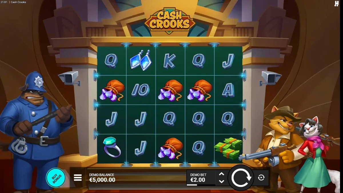 Cash Crooks slot game screen na may vault at cartoon cats